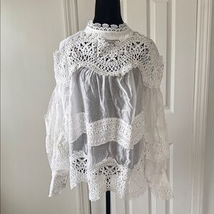 White Lace Crochet Blouse High Neck Boho Romantic Long Sleeve Size M